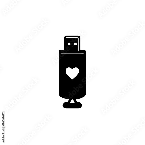 Minimalist black and white vector icon of a USB flash drive with a heart symbol in the center, representing data storage, security, and digital love, isolated on white background.