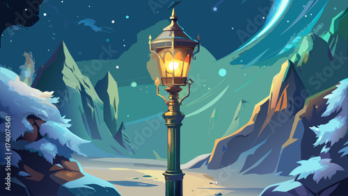 Close-up of Narnia lamp-post metal surface, glowing light, surreal snowy background, fantasy aura, dreamlike atmosphere, mystical enchanted detail, epic world close-up, imaginative illustration, legen