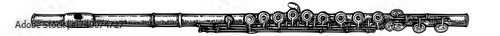 illustration of a classical flute musical instrument with keys and mouthpiece in engraving sketch style for vintage, retro, and educational design use
