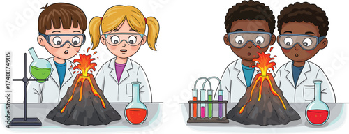 PrintChildren performing volcano science experiment with safety goggles, school chemistry project, kids learning science, educational classroom activity, fun laboratory experiment, teamwork