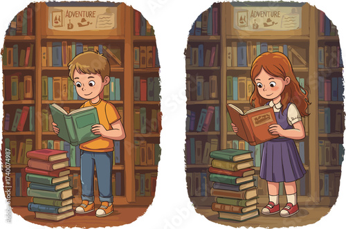 PrintChildren reading books in library, kids enjoying literature, education knowledge adventure, boy and girl learning, cartoon illustration, study imagination growth