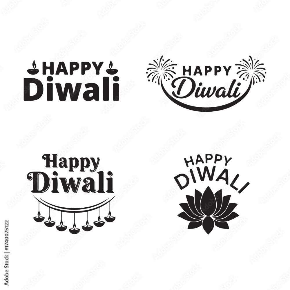 Fototapeta premium Curved Happy Diwali silhouette typography bundle