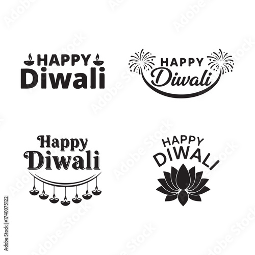 Obraz na plátně Curved Happy Diwali silhouette typography bundle