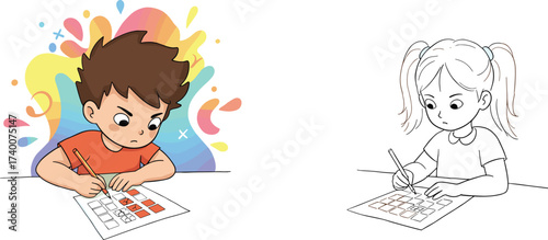 PrintChildren solving puzzles, boy coloring worksheet with focus, girl working on test paper, learning activity, school education, problem solving, illustration
