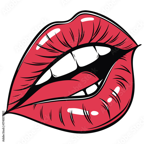 lips playfully biting their lower lip, a pop art style graphic with bold lines and glossy texture. silhouette vector on a white background