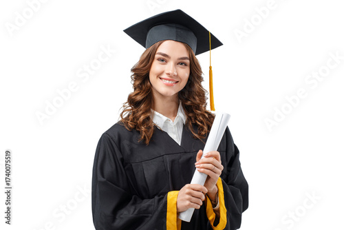 Smiling College Graduate Holding Book with Diploma Scroll, Angled Side View, Transparent Background