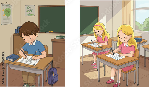 PrintChildren writing in classroom during school exam, kids focused on study, cartoon students learning, education concept, classroom interior, studying illustration