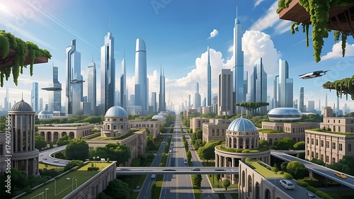 Futuristic Cityscape with Lush Greenery and Flying Vehicles a Vision of Sustainable Urban Living in the Future