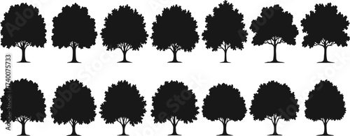 PrintCollection of deciduous tree silhouettes, black isolated tree icons, vector nature elements, landscape forest design, woodland illustration, foliage shapes for decoration