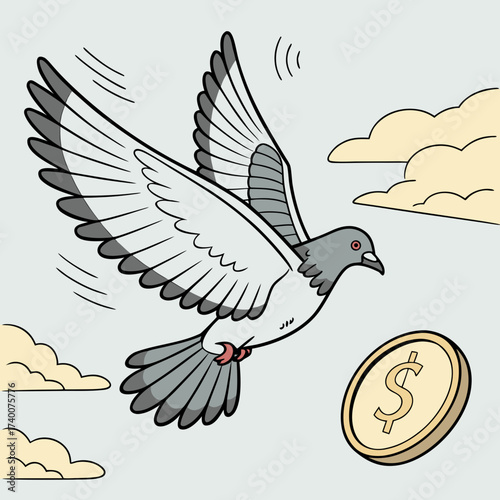 Vector art of a pigeon flies away from a dollar coin, symbolizing the loss of money or a bad investment, the birds departure signifies financial setback