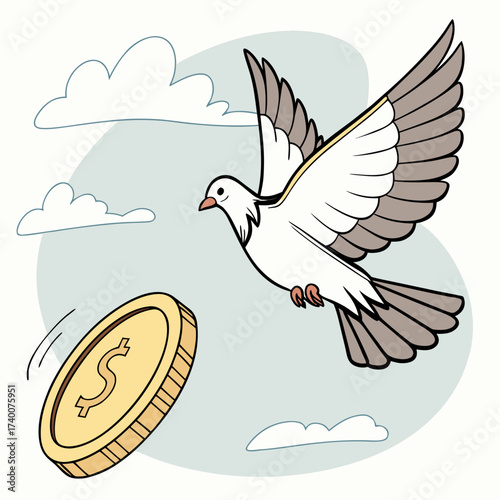 Vector art of a cartoon dove is flying away from a gold coin with a dollar sign on it, symbolizing the loss of money, with clouds in the background