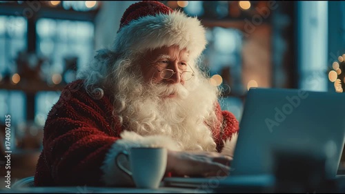 Santa claus smiling warmly while reading on digital tablet with cozy lights in background. Concept of tech-savvy holiday magic
