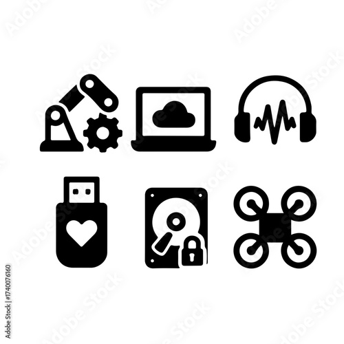 Set of six filled black and white vector icons on white background: robotic arm with gear, laptop with cloud, headphones with sound wave, USB with heart, hard drive with lock, and drone.