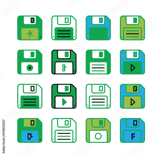 Collection of colorful floppy disk icons with various symbols and designs, isolated on a white background 