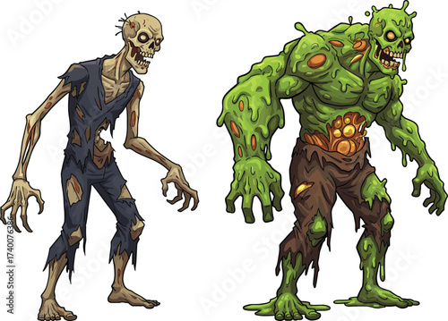 PrintCreepy cartoon zombie illustration, scary undead monster design, spooky horror infected ghoul artwork, grotesque mutant creature, Halloween apocalypse character artwork
