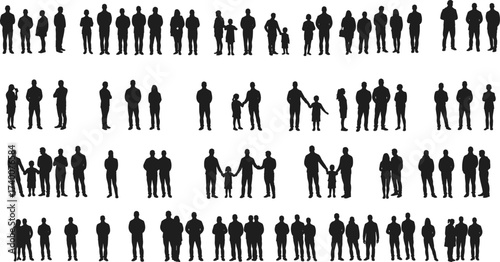 Black silhouette people groups walking standing interacting children adults family crowd social interaction vector illustration minimal design isolated figures
