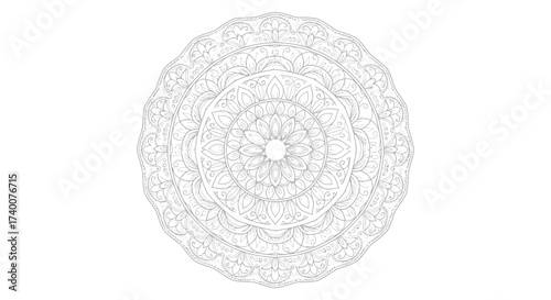 Elegant and intricate gray mandala design on a white background offering a soothing and meditative