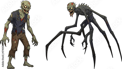 PrintCreepy zombie illustration, scary undead monster with spider legs, horror Halloween artwork, grotesque walking dead creature, spooky cartoon style design character