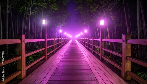 Wooden Pathway with Illuminated Lights Through Forest at Night