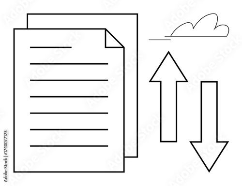 Stack of documents with upward and downward arrows, representing data upload, download, and sharing. Ideal for cloud computing, file management, digital storage, teamwork, communication