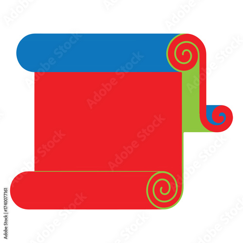 Red, blue and green scroll with curled edges isolated on white background 