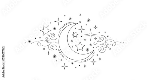 Minimalist Celestial Crescent Moon and Star Cluster Illustration in Black and White