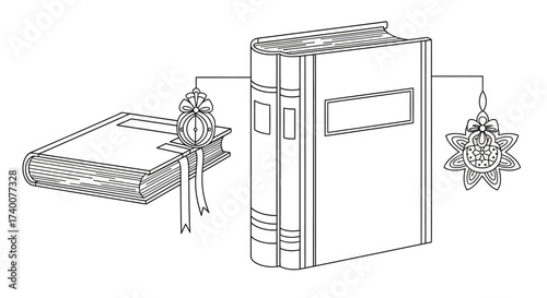 Elegant outlined illustration of books with ornate bookmarks on a clean white backdrop