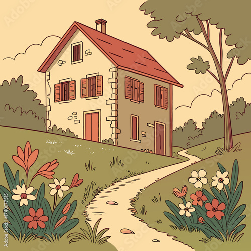 Vector art of a charming country house nestled amidst a picturesque landscape, with a winding path leading through vibrant flowers and lush greenery, creating a scene of idyllic tranquility
