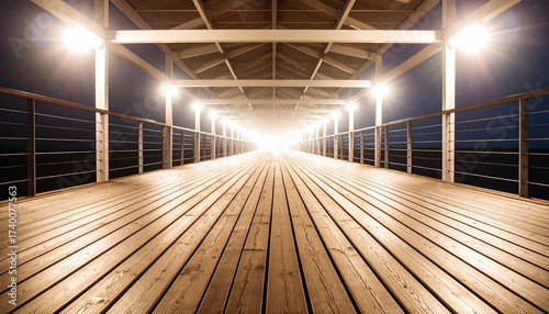 Wooden Pier Leading to Light at Night with Illuminated Lights