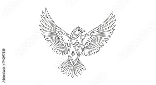 Elegant line art illustration of a bird in flight, suitable for coloring pages and designs