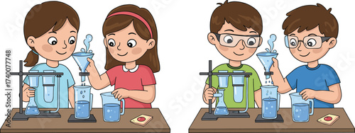 PrintHappy children doing science experiments in school laboratory, kids mixing liquids in beakers, chemistry education, classroom activity, learning, STEM concept.