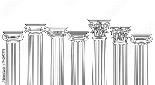 Ancient architectural greek roman columns vector illustration detailed line art design