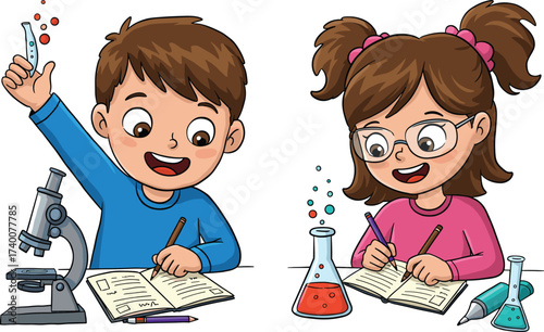 PrintHappy children doing science experiments, kids studying chemistry with test tubes, laboratory equipment, microscope, writing notes, education and learning illustration