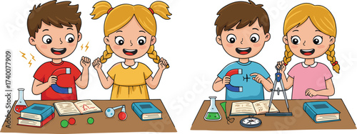 PrintHappy children learning science experiment, kids using magnet and compass, students studying physics in classroom, fun educational activity, discovery, teamwork