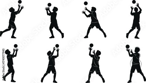 Silhouette illustration of boys playing volleyball, catching ball in action, sports activity, teamwork, outdoor fun, fitness, childhood, exercise, recreation