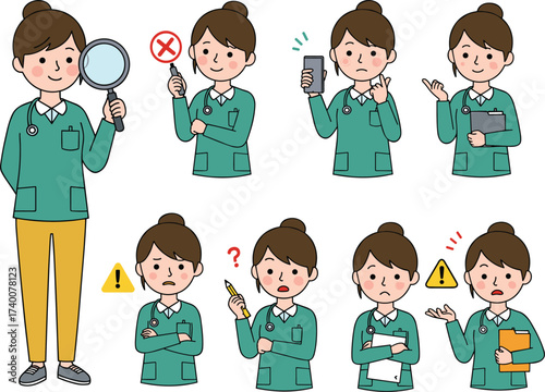 Female doctor character set with stethoscope, medical professional illustration, nurse poses with emotions, healthcare worker cartoon vector, hospital staff clipart