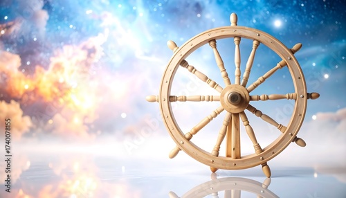 Wooden Ship Wheel Steering Towards a Dreamy Sky with Reflections