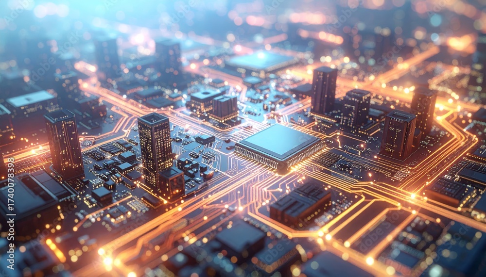 Fototapeta premium Futuristic circuit board, viewed from a high angle