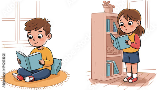 PrintHappy children reading books indoors, cute boy sitting on floor, girl standing near bookshelf, education, learning, studying, literature, imagination, knowledge, library, kids.