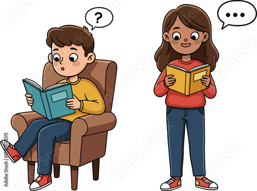 PrintHappy children reading books indoors, boy sitting on cushion, girl standing with bookshelf, education, studying, learning, literature, knowledge, imagination, classroom, school, kids.