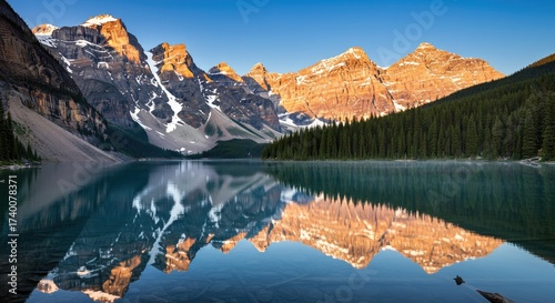 Crystal Lake Reflection – A peaceful natural wallpaper of still waters mirroring snow-capped mountains and pine forests, creating a perfect harmony of earth and sky.