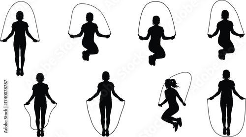 Jump rope workout silhouette illustration, fitness training exercise, cardio skipping activity, healthy lifestyle design, woman jump rope routine graphic, gym poster