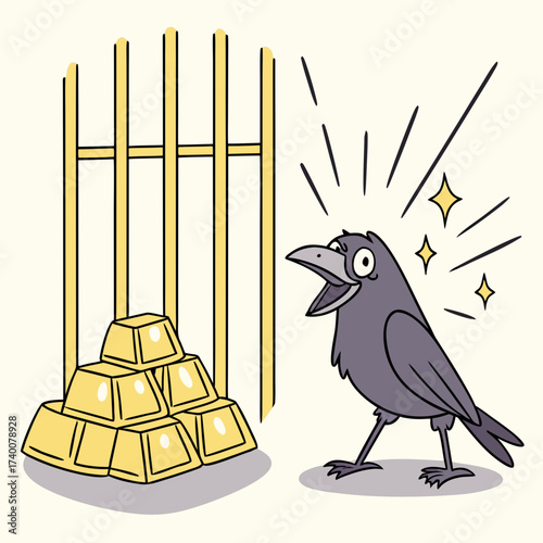 Vector art of a gleeful crow gazes upon a treasure trove of gold bars stacked before a barred gate, its eyes wide with delight, as it contemplates the riches before it