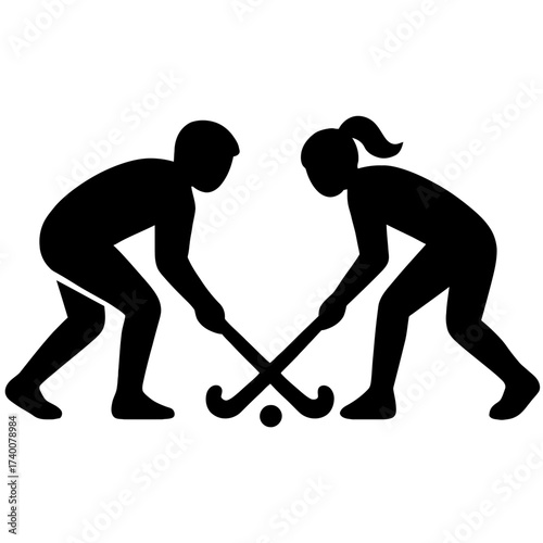 Male and female field hockey players facing off with sticks and ball silhouette
