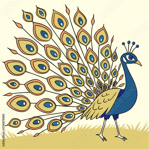 Vector art of a majestic peacock with its elaborate tail feathers displayed, standing proudly on a grassy field, its vibrant colors and graceful posture capturing the essence of natural beauty