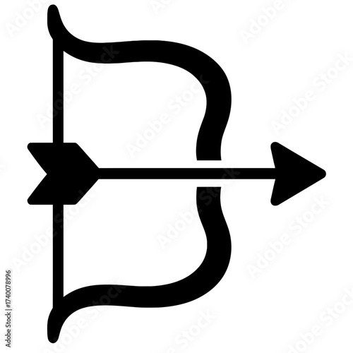 Bow with arrow silhouette icon, black on white, archery aim target symbol