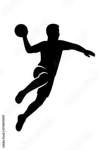 Male handball player jumping to throw ball silhouette icon, black on white