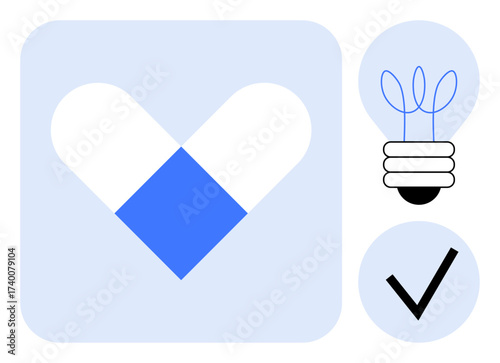 Heart shape symbolizing care, lightbulb for ideas, and checkmark for validation on soft blue theme. Ideal for healthcare, creativity, innovation, approval processes, problem-solving, teamwork