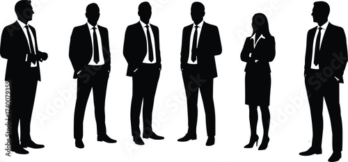 Silhouettes of corporate business men and women in formal suits standing together symbolizing leadership, teamwork, professionalism, corporate success, and collaboration illustration