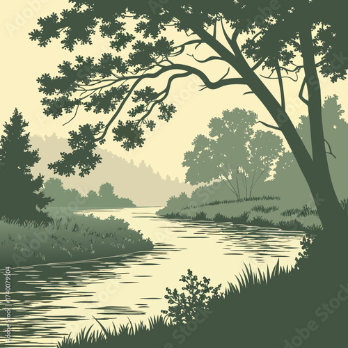 Vector art of a picturesque landscape illustration captures a winding river flowing through a lush forest, with a silhouette of a tree framing the scene, creating a peaceful and inviting natural vista